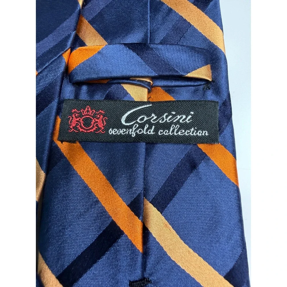 Corsini Sevenfold Collection Mens Silk Tie Navy Blue Orange Diagonal Stripe